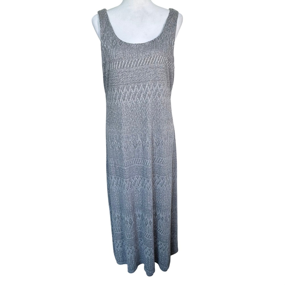 ELLEN TRACY Women's Large Silver Metallic Geometric Knit Sleeveless Maxi Dress